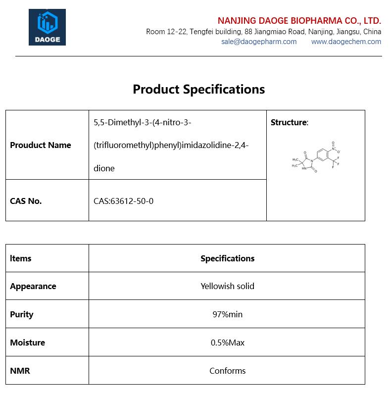 Specifications, 5,5-Dimethyl-3-(4-nitro-3-(trifluoromethyl)phenyl)imidazolidine-2,4-dione,63612-50-0