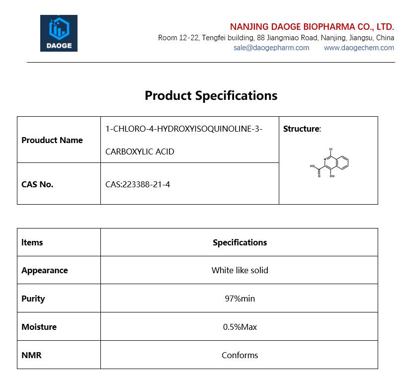 Specifications, 1-CHLORO-4-HYDROXYISOQUINOLINE-3-CARBOXYLIC ACID,223388-21-4